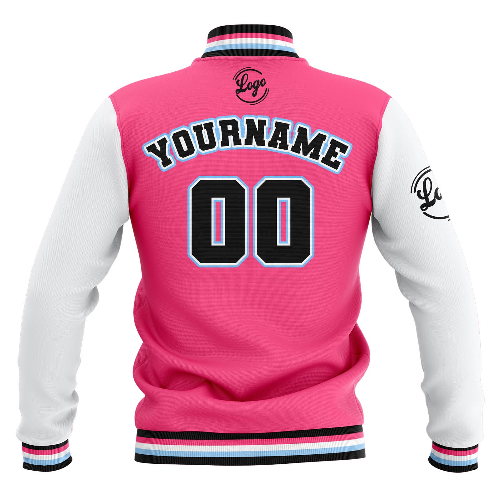 Chaquetas universitarias impermeables personalizadas en rosa-blanco y negro con nombre-número y logotipo bordados