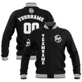Chaquetas universitarias impermeables personalizadas en negro-gris y blanco con nombre-número y logotipo bordados