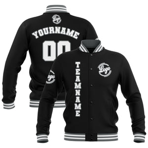 Chaquetas universitarias impermeables personalizadas en negro-gris y blanco con nombre-número y logotipo bordados