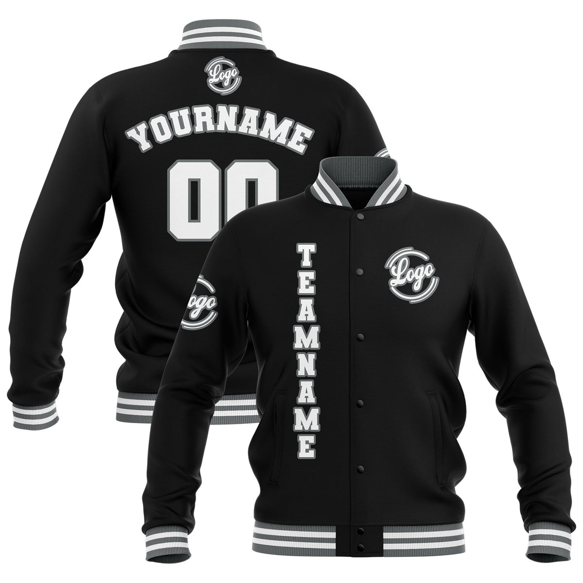 Chaquetas universitarias impermeables personalizadas en negro-gris y blanco con nombre-número y logotipo bordados