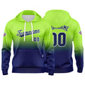Sudadera con capucha personalizada con degradado para hombre-mujer-niña o niño Estampa tu logotipo-nombre o número en verde neón y azul marino