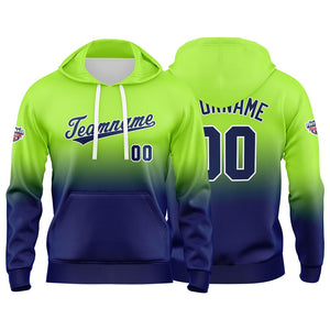Sudadera con capucha personalizada con degradado para hombre-mujer-niña o niño Estampa tu logotipo-nombre o número en verde neón y azul marino