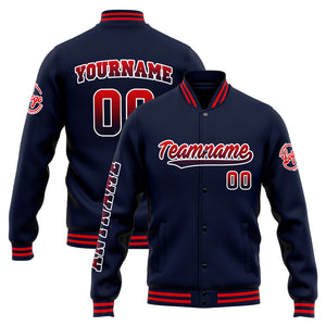 Chaqueta universitaria personalizada estilo Letterman para hombres-mujeres y jóvenes-color azul marino y rojo