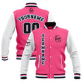 Chaquetas universitarias impermeables personalizadas en rosa-blanco y negro con nombre-número y logotipo bordados