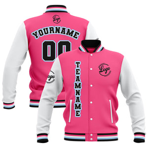 Chaquetas universitarias impermeables personalizadas en rosa-blanco y negro con nombre-número y logotipo bordados