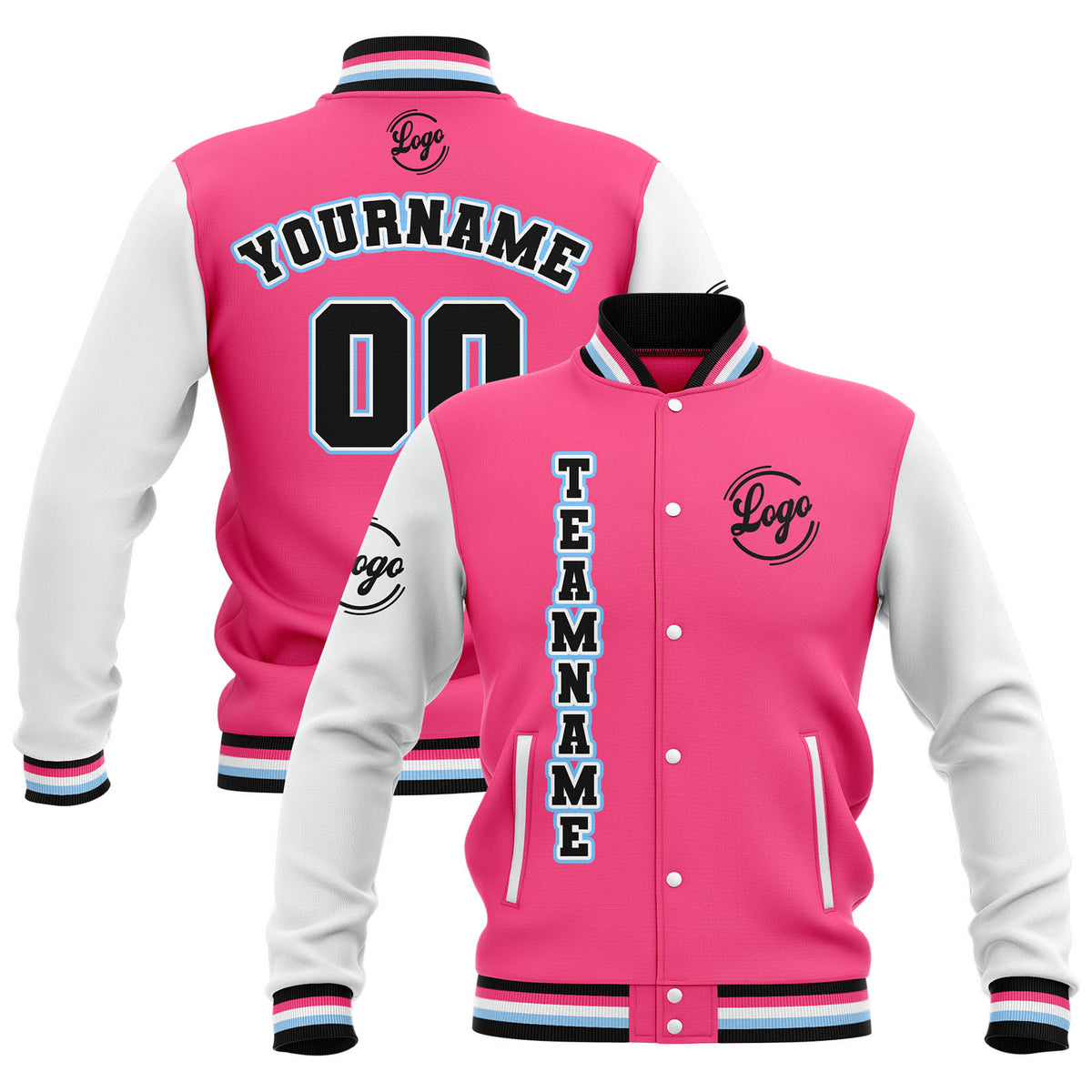 Chaquetas universitarias impermeables personalizadas en rosa-blanco y negro con nombre-número y logotipo bordados