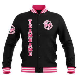 Chaquetas universitarias impermeables personalizadas en negro-rosa y blanco con nombre-número y logotipo bordados