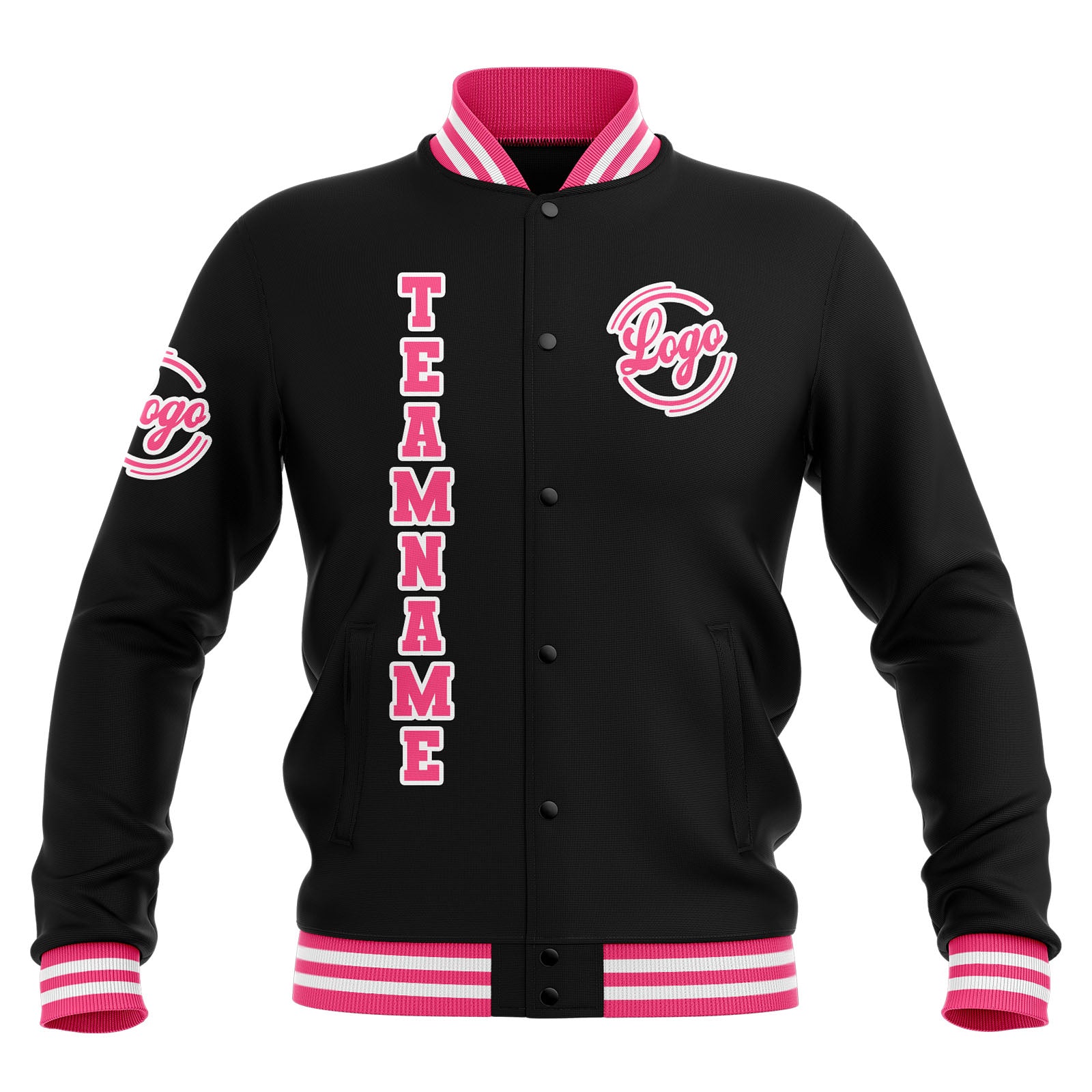 Chaquetas universitarias impermeables personalizadas en negro-rosa y blanco con nombre-número y logotipo bordados