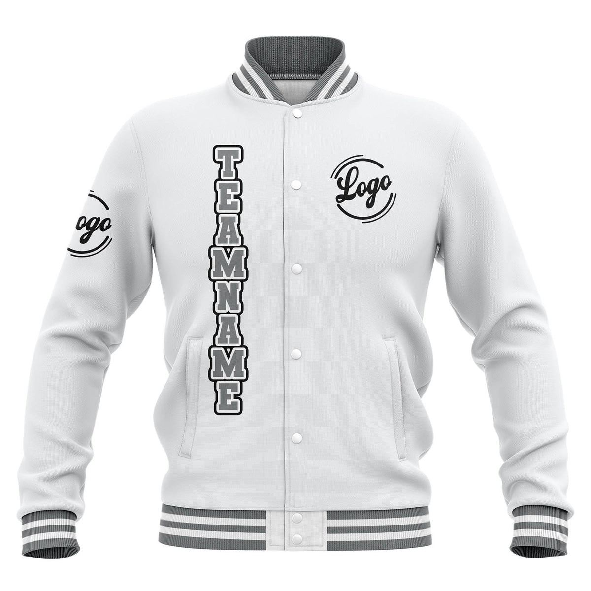 Chaquetas universitarias impermeables blancas y grises personalizadas con nombre-número y logotipo bordados a medida