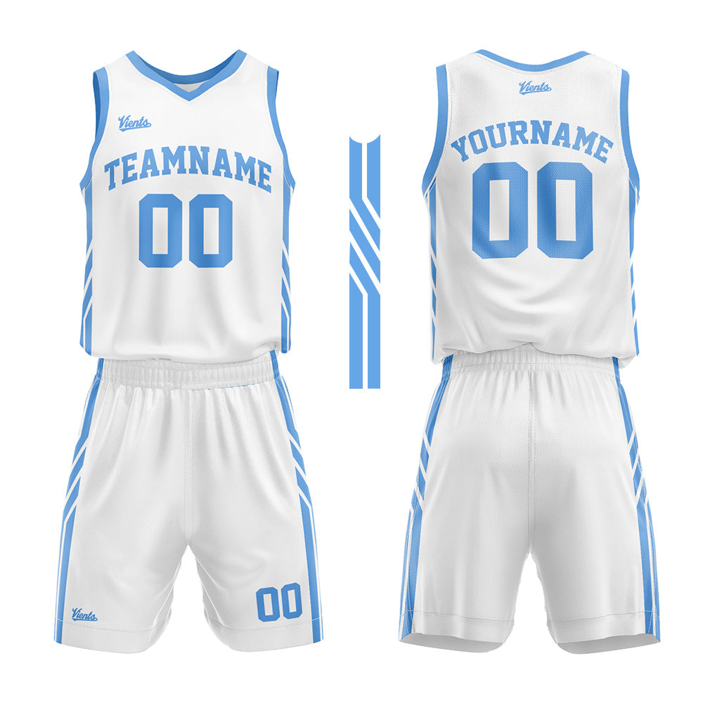 Uniforme de baloncesto personalizado blanco y azul claro con tu logotipo-nombre y número impresos