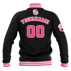 Chaquetas universitarias impermeables personalizadas en negro-rosa y blanco con nombre-número y logotipo bordados