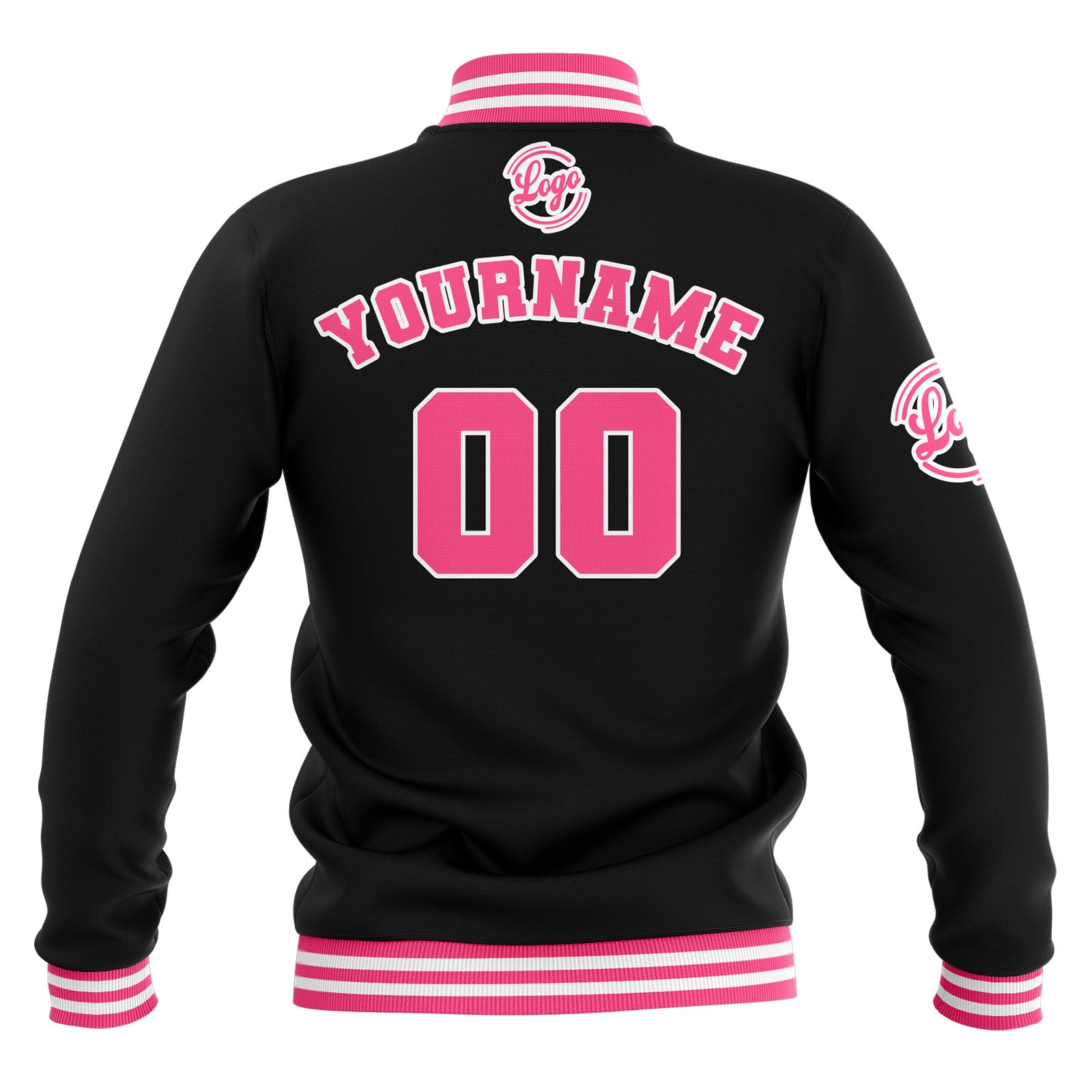 Chaquetas universitarias impermeables personalizadas en negro-rosa y blanco con nombre-número y logotipo bordados
