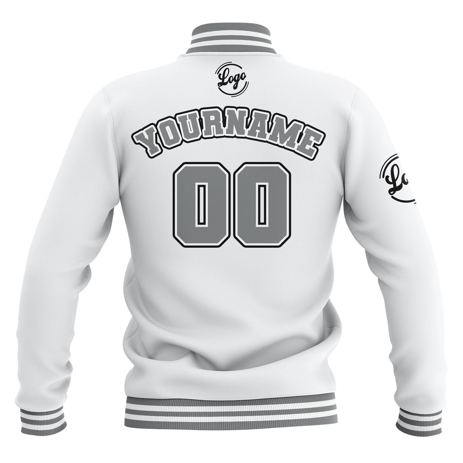 Chaquetas universitarias impermeables blancas y grises personalizadas con nombre-número y logotipo bordados a medida