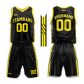 Uniforme de baloncesto personalizado negro y amarillo con tu logotipo-nombre y número impresos