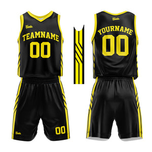 Uniforme de baloncesto personalizado negro y amarillo con tu logotipo-nombre y número impresos