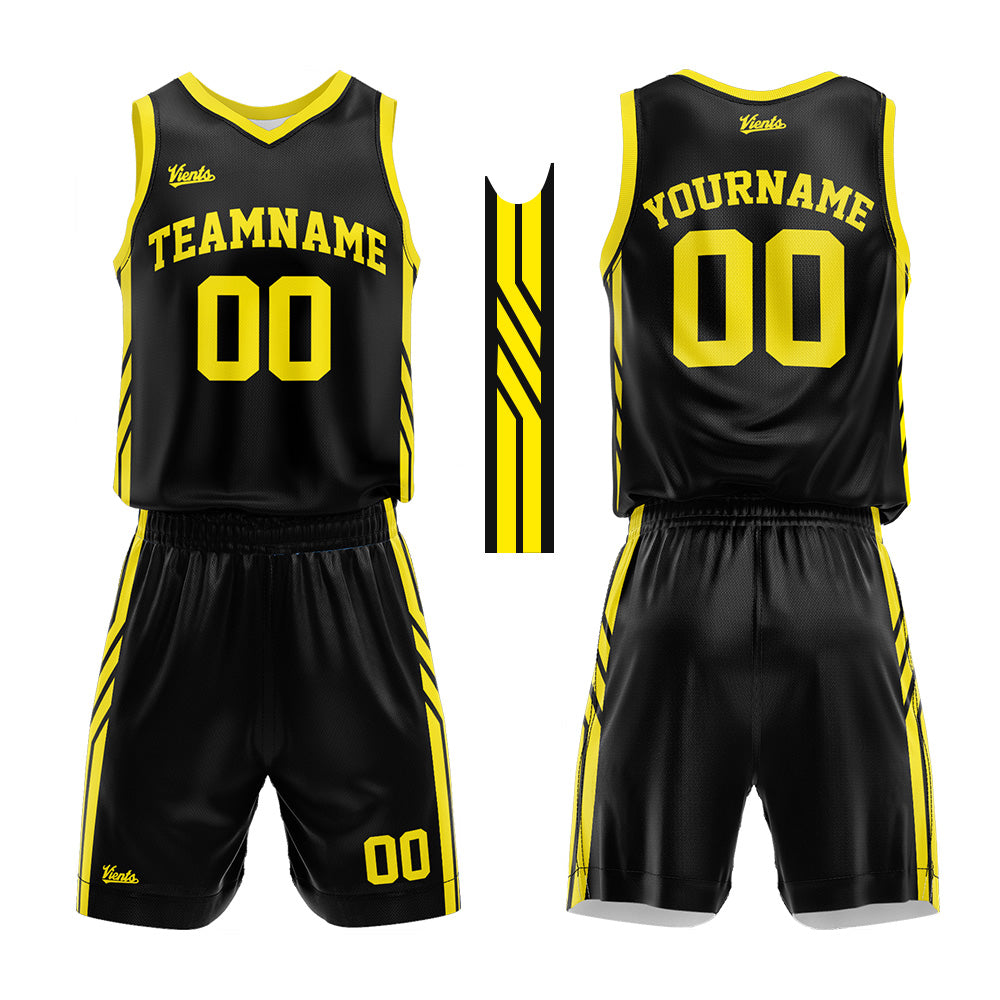 Uniforme de baloncesto personalizado negro y amarillo con tu logotipo-nombre y número impresos