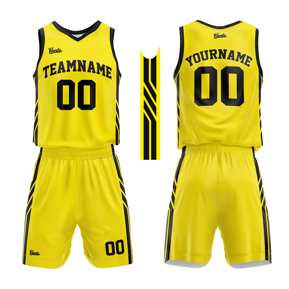 Uniforme de baloncesto personalizado amarillo y negro con tu logotipo-nombre y número impresos