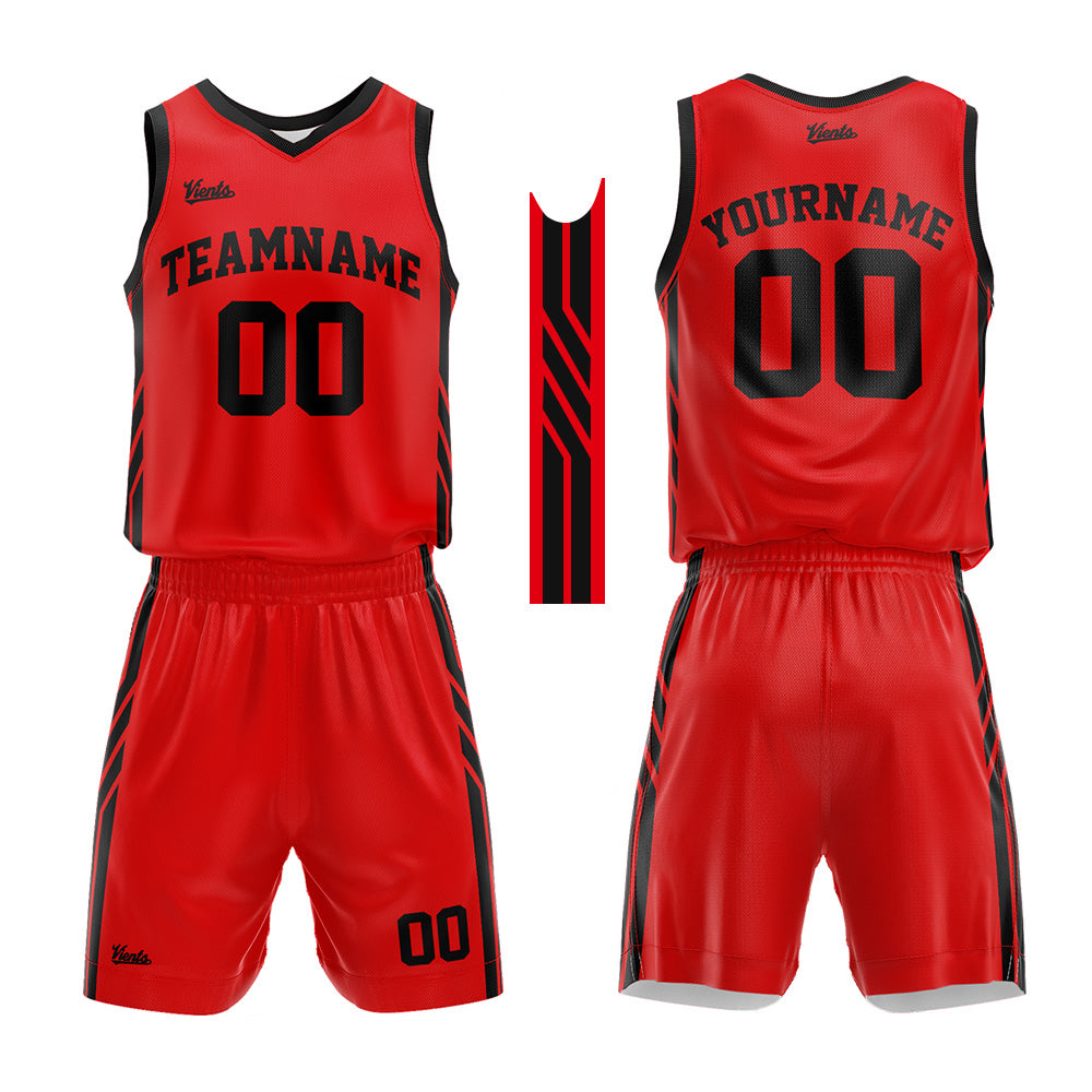 Uniforme de baloncesto personalizado rojo y negro con tu logotipo-nombre y número impresos