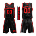 Uniforme de baloncesto personalizado en negro y rojo con tu logotipo-nombre y número impresos