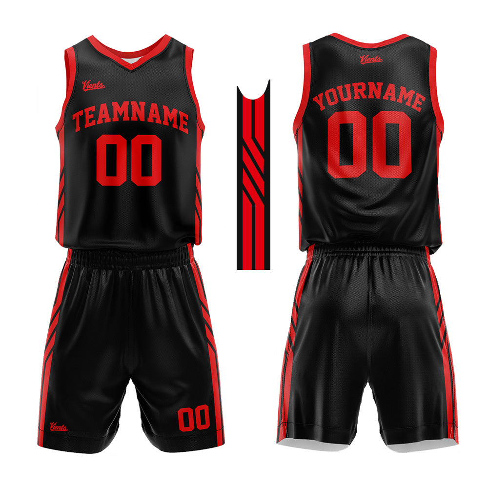 Uniforme de baloncesto personalizado en negro y rojo con tu logotipo-nombre y número impresos