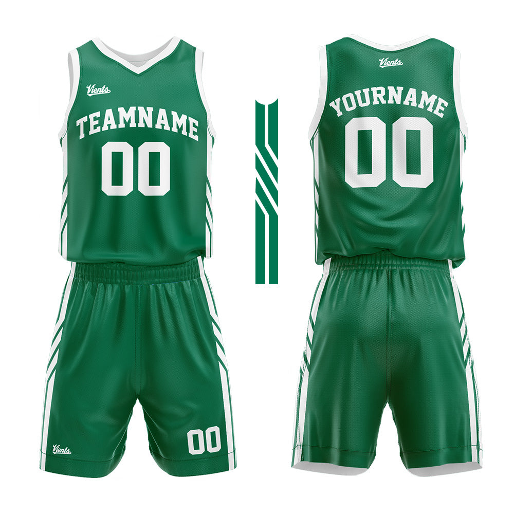 Uniforme de baloncesto personalizado verde y blanco con tu logotipo-nombre y número impresos