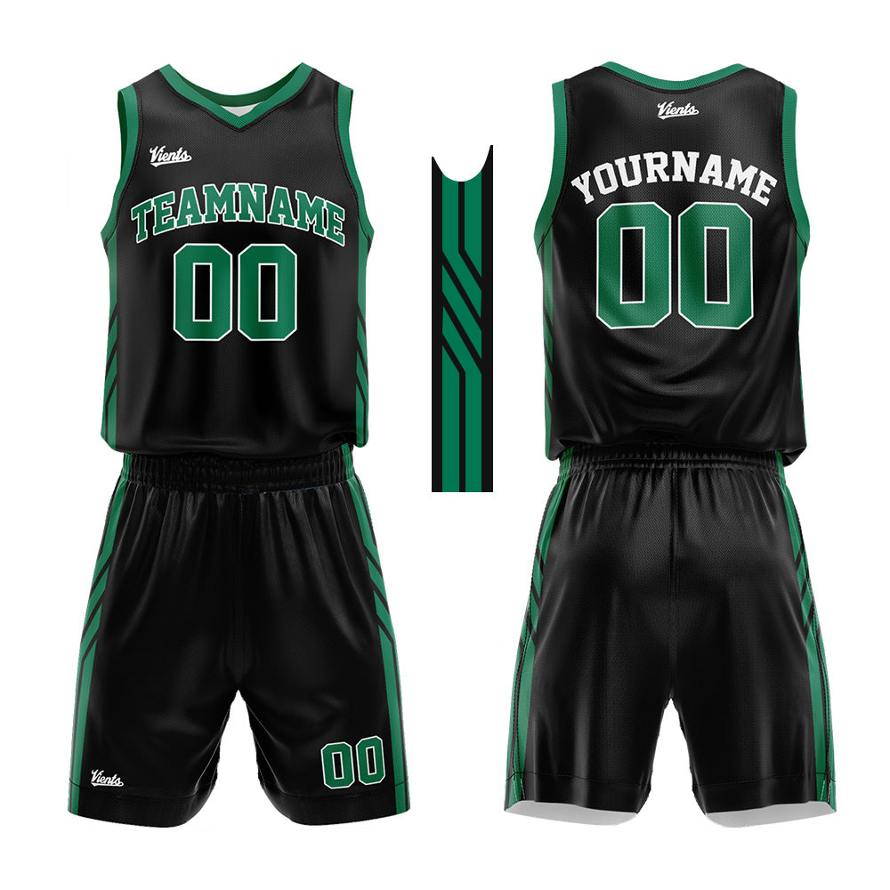 Uniforme de baloncesto personalizado en negro y verde con tu logotipo-nombre y número impresos