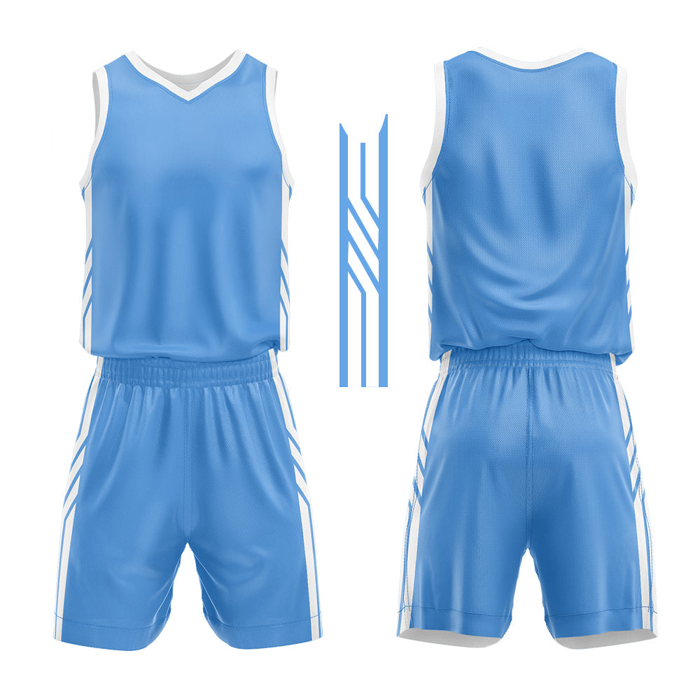 Uniforme de baloncesto personalizado azul claro y blanco con tu logotipo-nombre y número impresos