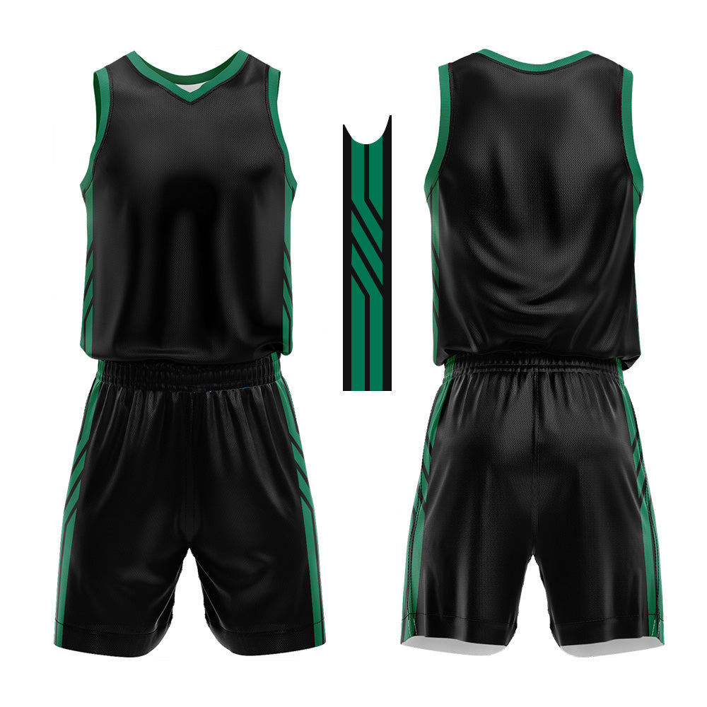Uniforme de baloncesto personalizado en negro y verde con tu logotipo-nombre y número impresos