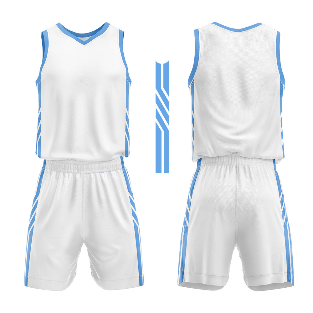Uniforme de baloncesto personalizado blanco y azul claro con tu logotipo-nombre y número impresos