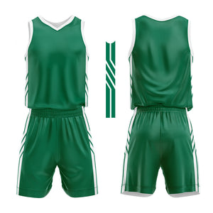 Uniforme de baloncesto personalizado verde y blanco con tu logotipo-nombre y número impresos