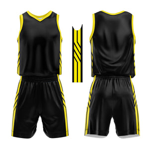 Uniforme de baloncesto personalizado negro y amarillo con tu logotipo-nombre y número impresos