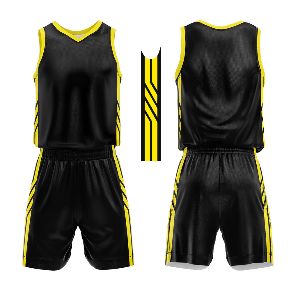 Uniforme de baloncesto personalizado negro y amarillo con tu logotipo-nombre y número impresos