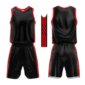 Uniforme de baloncesto personalizado en negro y rojo con tu logotipo-nombre y número impresos