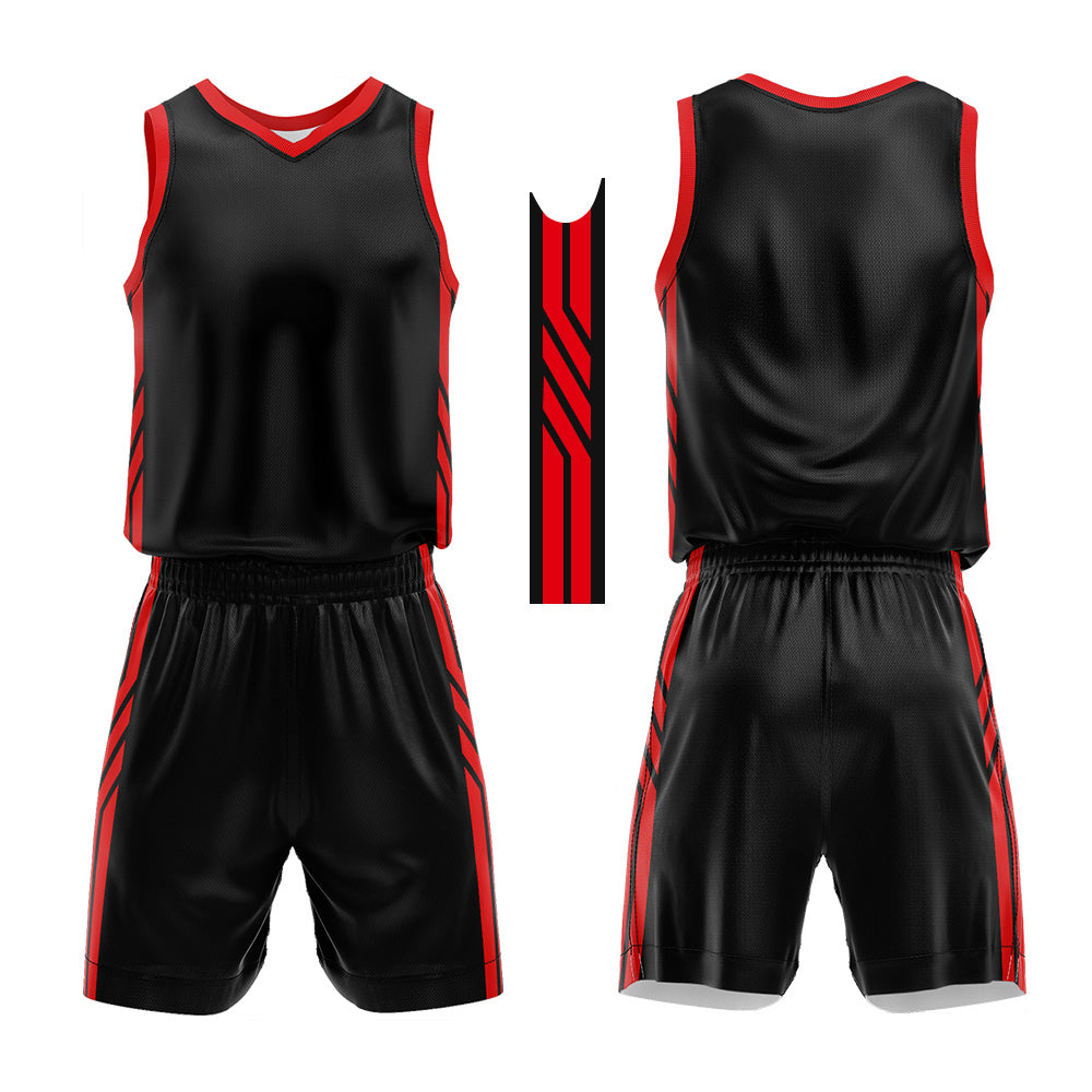 Uniforme de baloncesto personalizado en negro y rojo con tu logotipo-nombre y número impresos