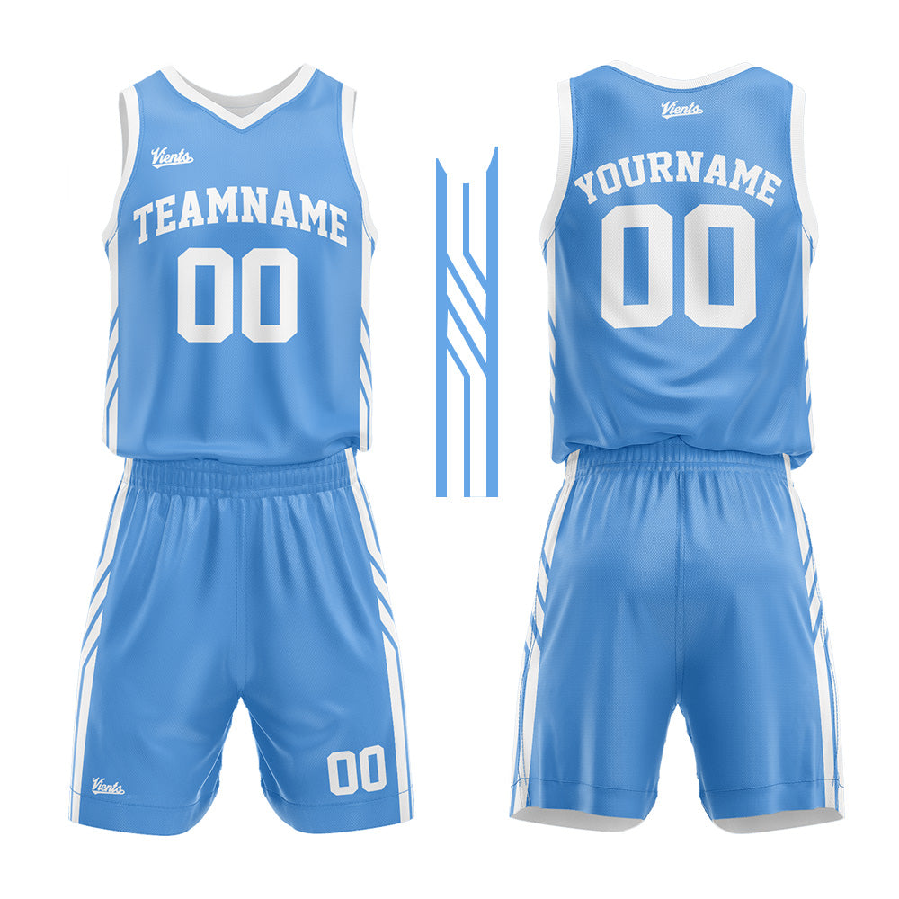 Uniforme de baloncesto personalizado azul claro y blanco con tu logotipo-nombre y número impresos