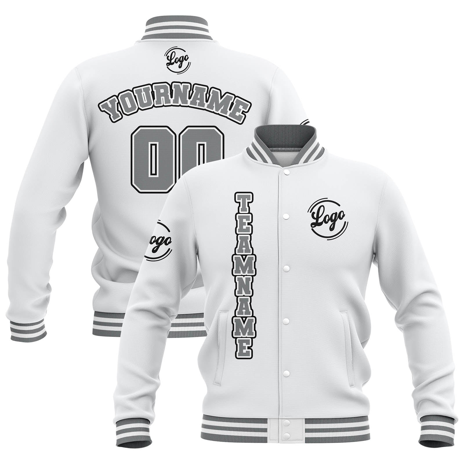 Chaquetas universitarias impermeables blancas y grises personalizadas con nombre-número y logotipo bordados a medida