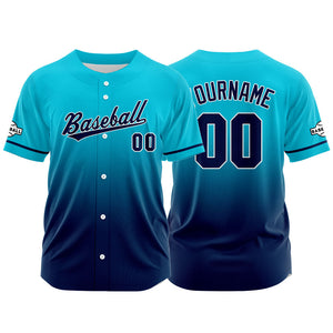 Camiseta de béisbol con dise?o personalizado estampado completo en azul claro y azul marino