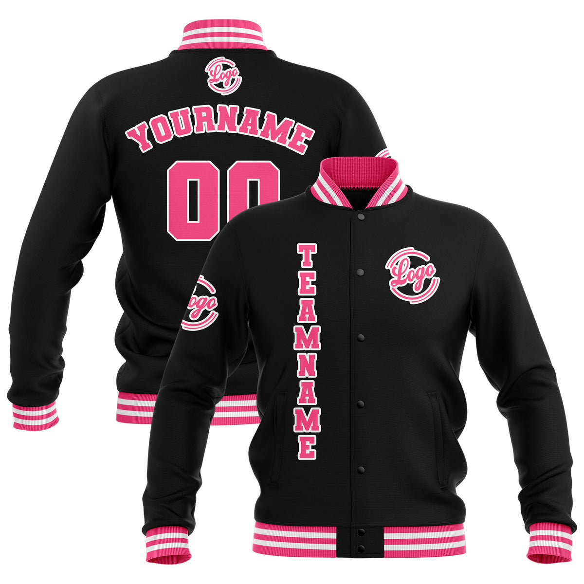 Chaquetas universitarias impermeables personalizadas en negro-rosa y blanco con nombre-número y logotipo bordados