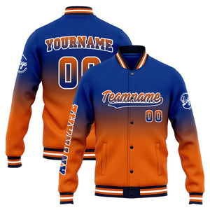 Chaqueta universitaria personalizada estilo Letterman para hombres-mujeres y jóvenes-color azul rey y naranja