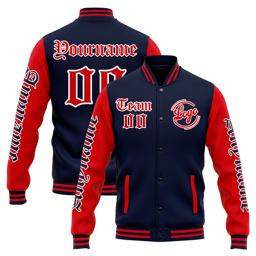 Chaqueta universitaria personalizada estilo Letterman para hombres-mujeres y jóvenes-color azul marino y rojo
