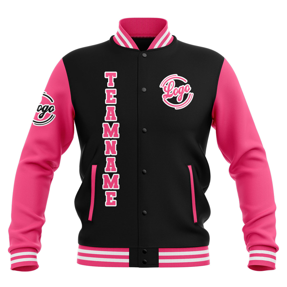 Chaquetas universitarias impermeables personalizadas en negro-rosa y blanco con nombre-número y logotipo bordados