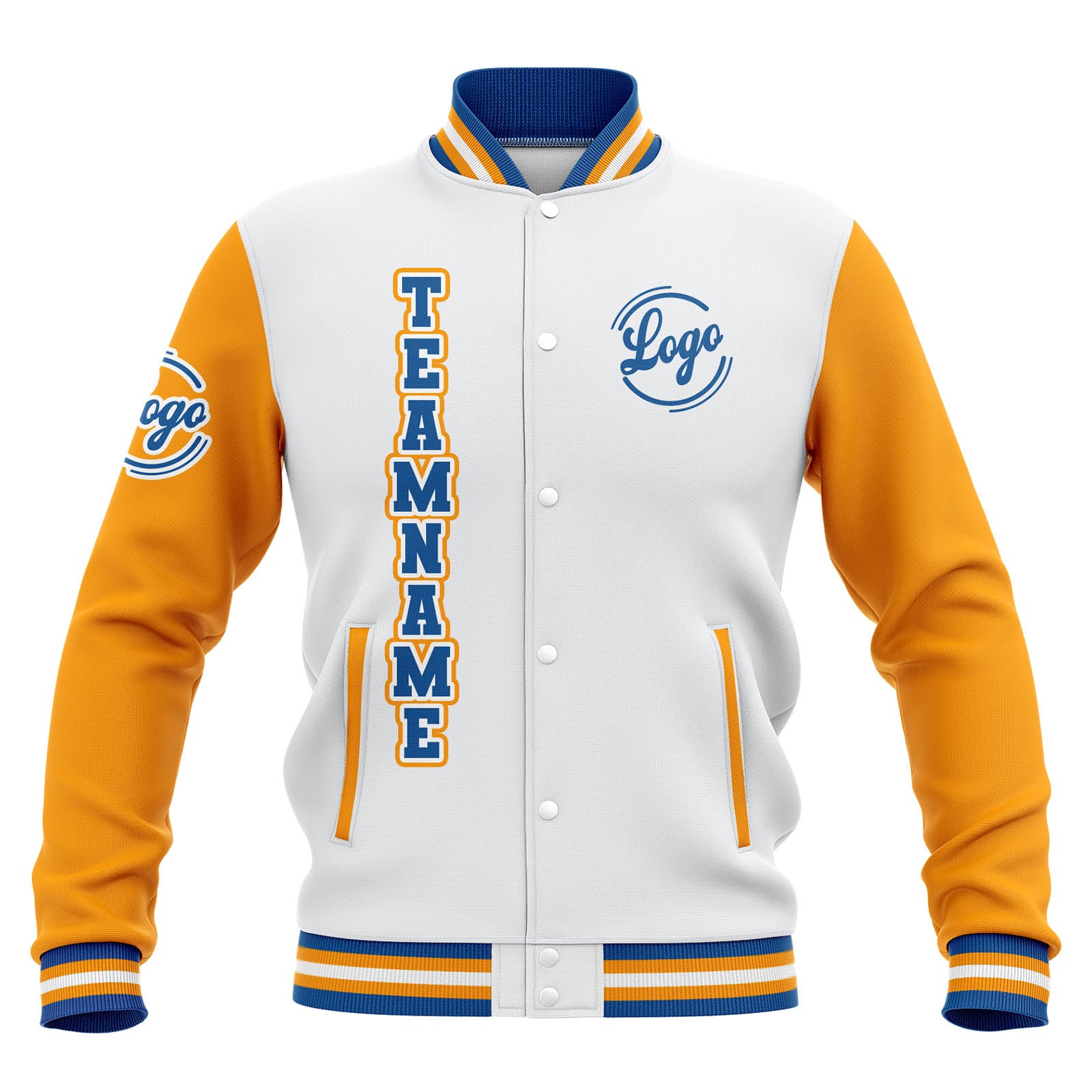 Chaquetas universitarias impermeables personalizadas en blanco-amarillo y azul con nombre-número y logotipo bordados