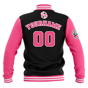 Chaquetas universitarias impermeables personalizadas en negro-rosa y blanco con nombre-número y logotipo bordados