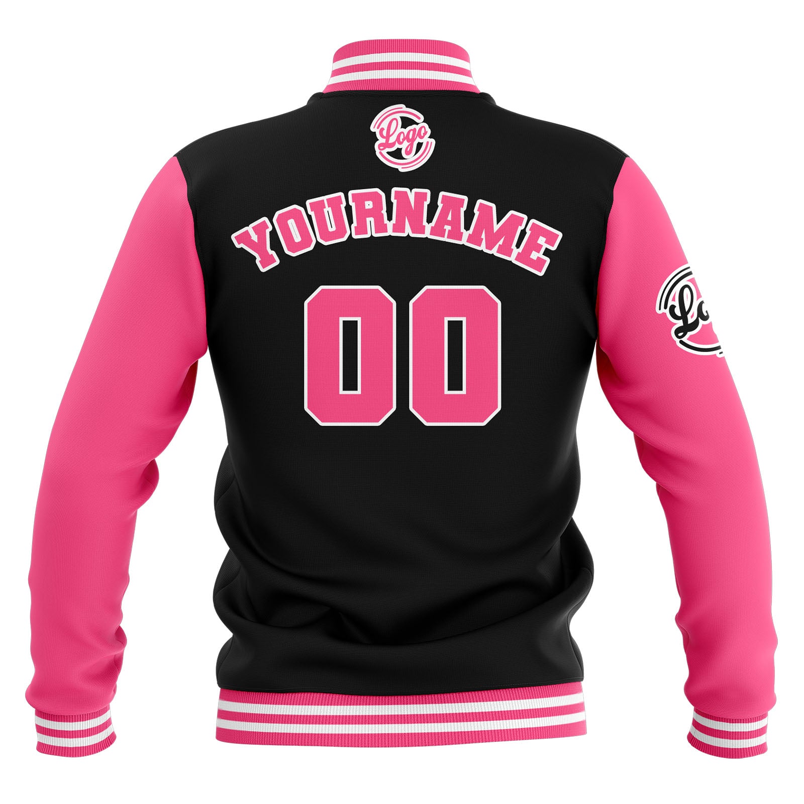 Chaquetas universitarias impermeables personalizadas en negro-rosa y blanco con nombre-número y logotipo bordados