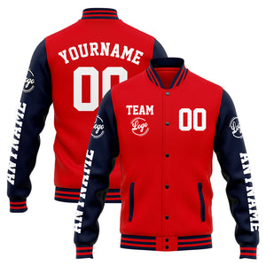 Chaqueta universitaria personalizada estilo Letterman para hombres-mujeres y jóvenes-color azul marino y rojo