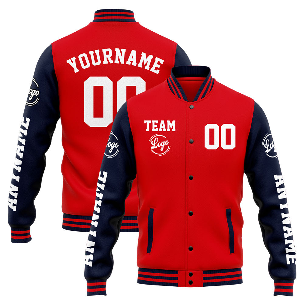 Chaqueta universitaria personalizada estilo Letterman para hombres-mujeres y jóvenes-color azul marino y rojo