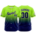 Dise?o personalizado de camiseta de béisbol con estampado completo en verde neón y azul marino