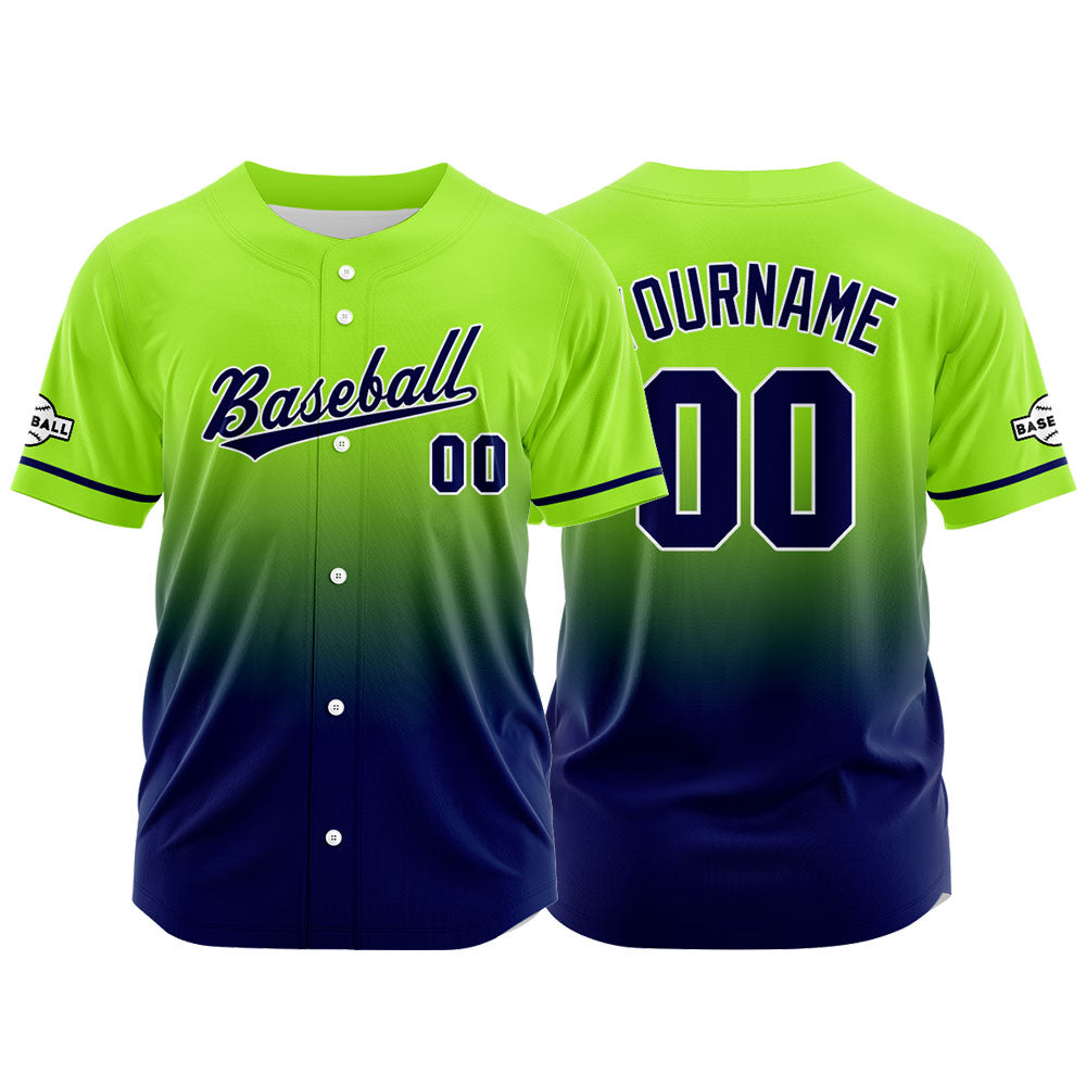 Dise?o personalizado de camiseta de béisbol con estampado completo en verde neón y azul marino