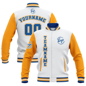 Chaquetas universitarias impermeables personalizadas en blanco-amarillo y azul con nombre-número y logotipo bordados
