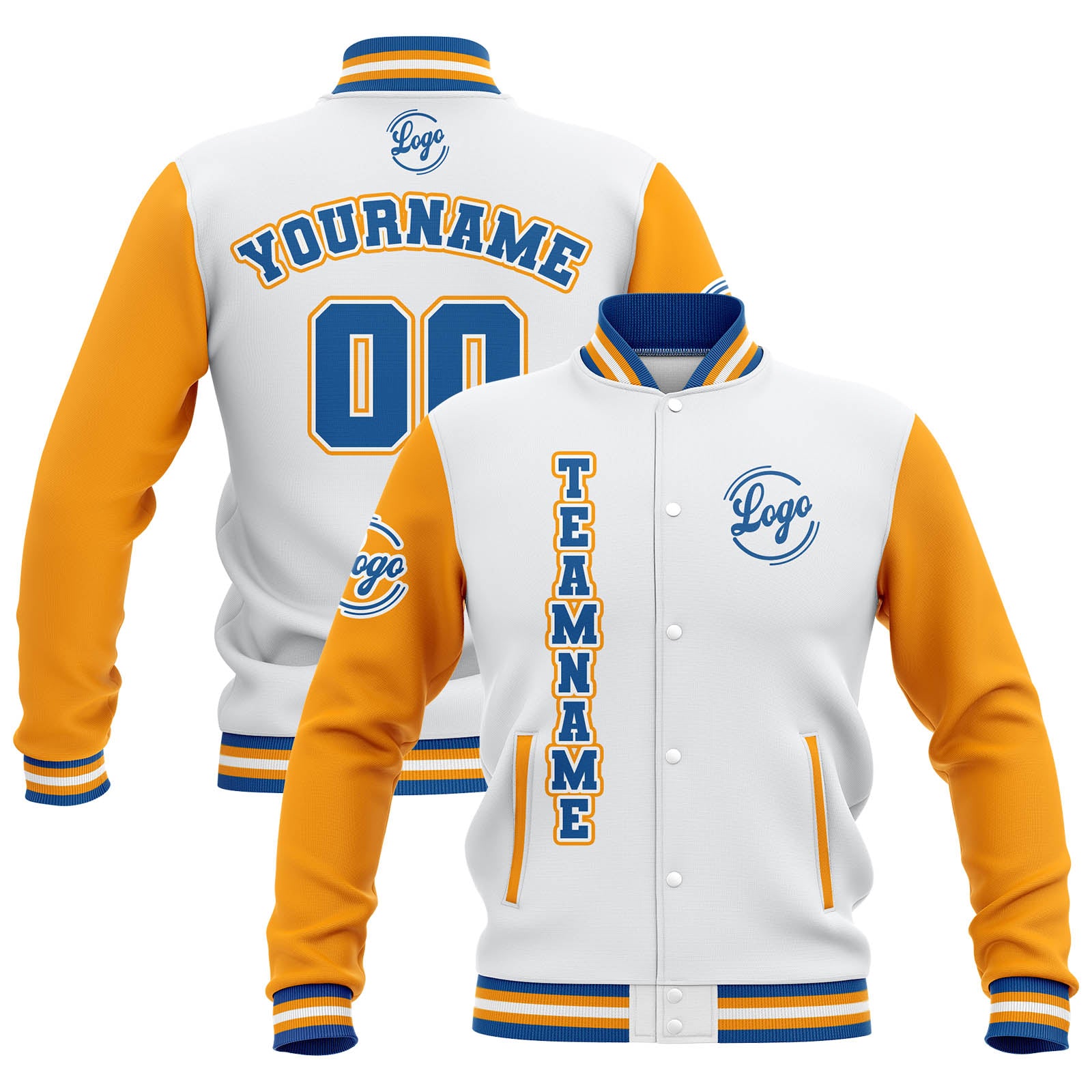 Chaquetas universitarias impermeables personalizadas en blanco-amarillo y azul con nombre-número y logotipo bordados